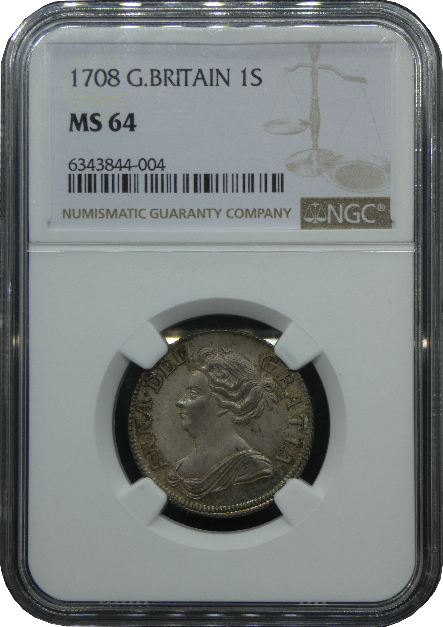 高鑑定 MS64 アン女王 1シリング銀貨 NGC鑑定 1708年 イギリス