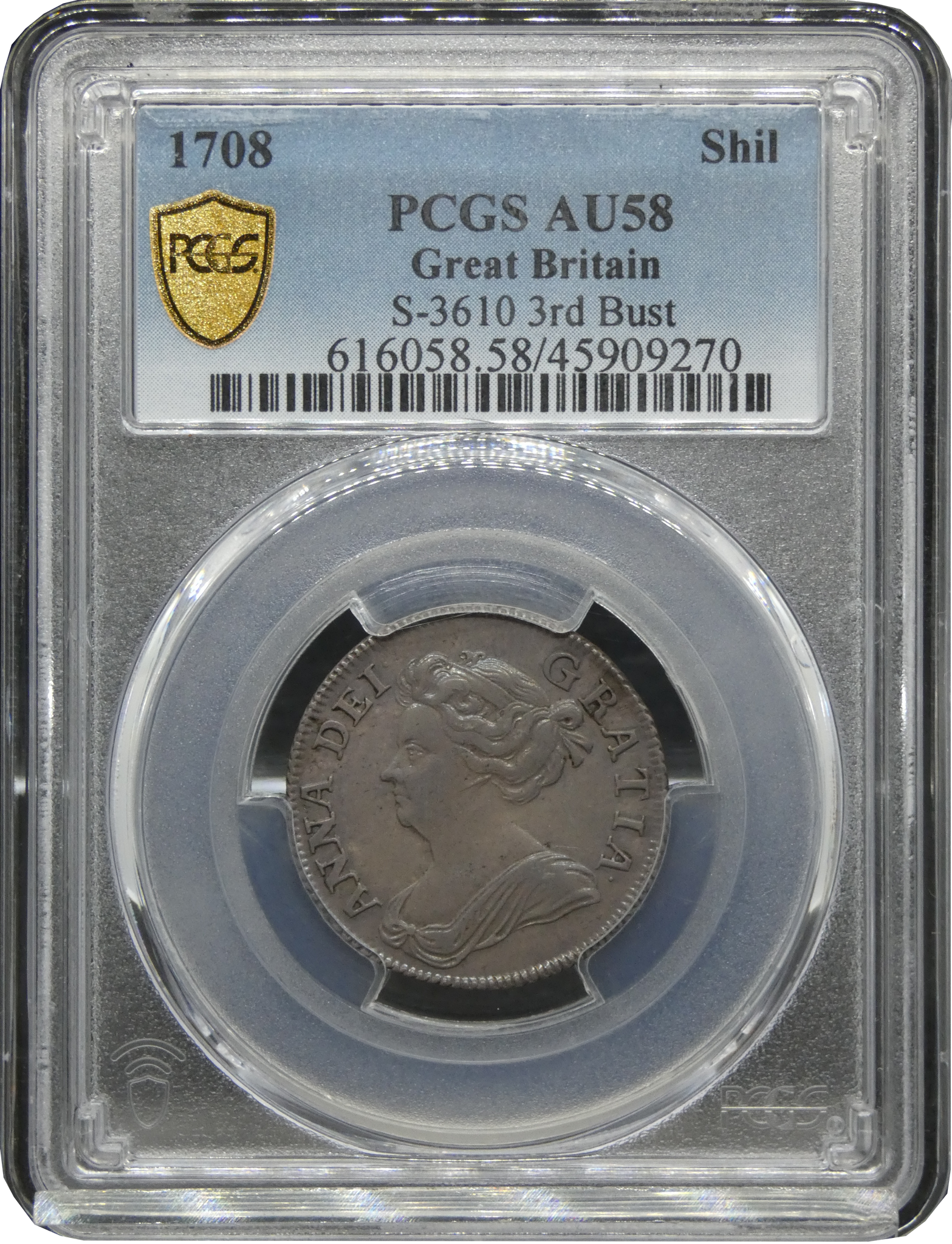 PCGS AU58 アン女王 1シリング銀貨 PCGS鑑定 1708年 イギリス