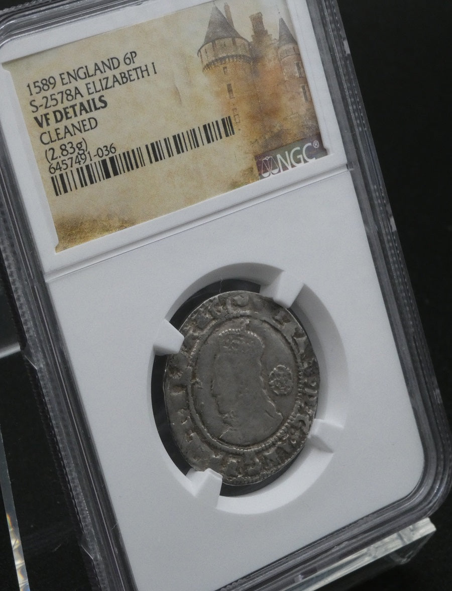 NGC鑑定 VF DETAILS】イギリス エリザベス1世 6ペンス銀貨 1589年 