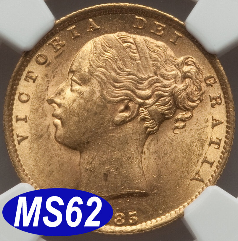 【NGC鑑定 MS62】オーストラリア ビクトリア女王ヤングヘッド＆シールド ソブリン金貨 1885年